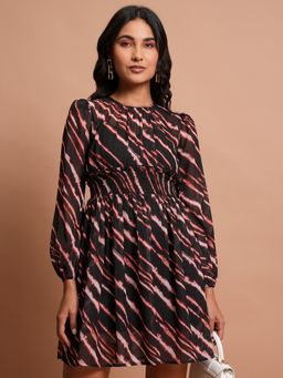 TOKYO TALKIES - Women's Brown Stripes Smocked Fit and Flare Dress