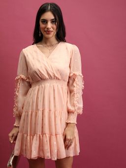 TOKYO TALKIES - Women's Dusty Peach Self Design Wrap Dress