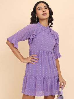 TOKYO TALKIES - Women's Purple Self Design Ruffled A-Line Dress