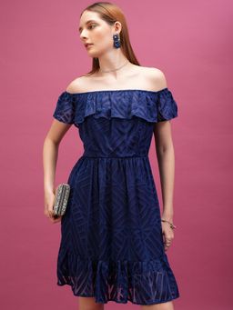 TOKYO TALKIES - Women's Navy Blue Off-Shoulder Mini Dress