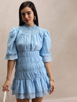 TOKYO TALKIES - Women's Airy Blue Fit and Flared Mini Dress