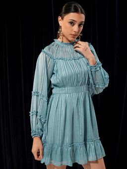 TOKYO TALKIES - Women's Teal Self Design Ruffled Fit And Flare Dress