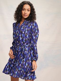 TOKYO TALKIES - Women's Blue Printed A-Line Ruffle Mini Dress with Belt