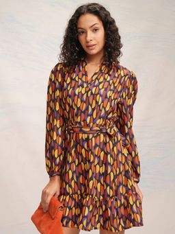TOKYO TALKIES - Women's Multi-Colour Printed A-Line Ruffle Mini Dress with Belt