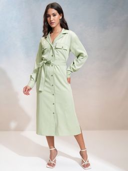 TOKYO TALKIES - Women's Mint Solid Button-down Shirt Dress with Belt