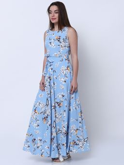 TOKYO TALKIES - Blue Georgette Floral Print Sleeveless Dress with Belt