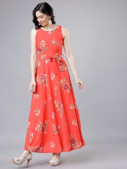 TOKYO TALKIES - Women's Red Floral Print Umbrella Dress with Belt