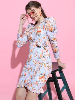 TOKYO TALKIES - Women's Blue Floral Print Wrap Dress