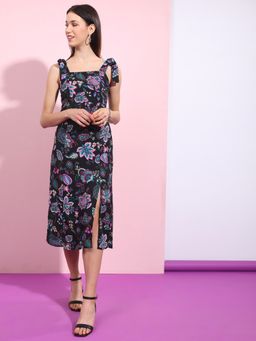 TOKYO TALKIES - Women's Black Tie Up Floral Print Dress