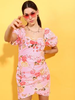 TOKYO TALKIES - Women's Pink Floral Printed Sweetheart Neck Dress