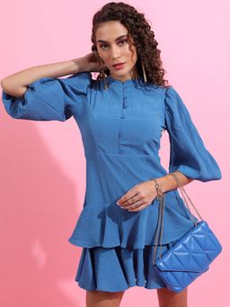 TOKYO TALKIES - Women's Blue Half Sleeves Mandarin Collar Dress