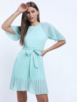 TOKYO TALKIES - Women's Aqua Solid Dress with Belt