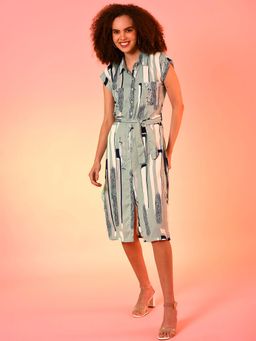 PINACOLADA - Women Green & White Printed Shirt Dress with Side Slits