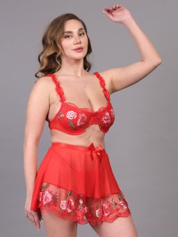 BRACHY - Women Hot Red Valentines Self Design Nightwear Baby Doll Suit