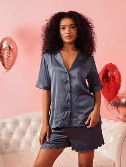 Chelvet - Satin Half-Sleeves Nightwear Shirt and Pyjama Blue