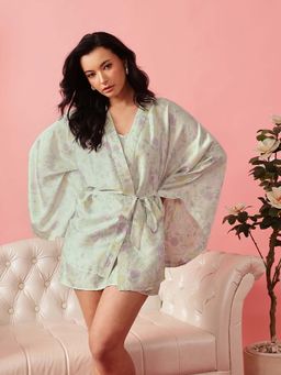 Chelvet - Floral Strappy Nightdress and Full Sleeve Robe