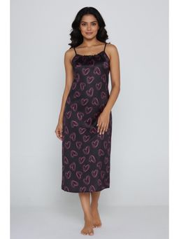 Zivame - Satin Hearts Mid Length Nightdress - Black Beauty