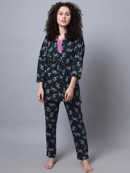 Kanvin - Women Teal And Pink Floral Printed Night Suit