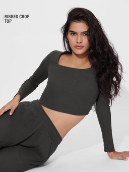 The Souled Store - Solid Grey Women Full Sleeves Cropped Top