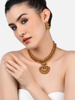 Zaveri Pearls - Green Stone Necklace With Earrings (Set of 2)
