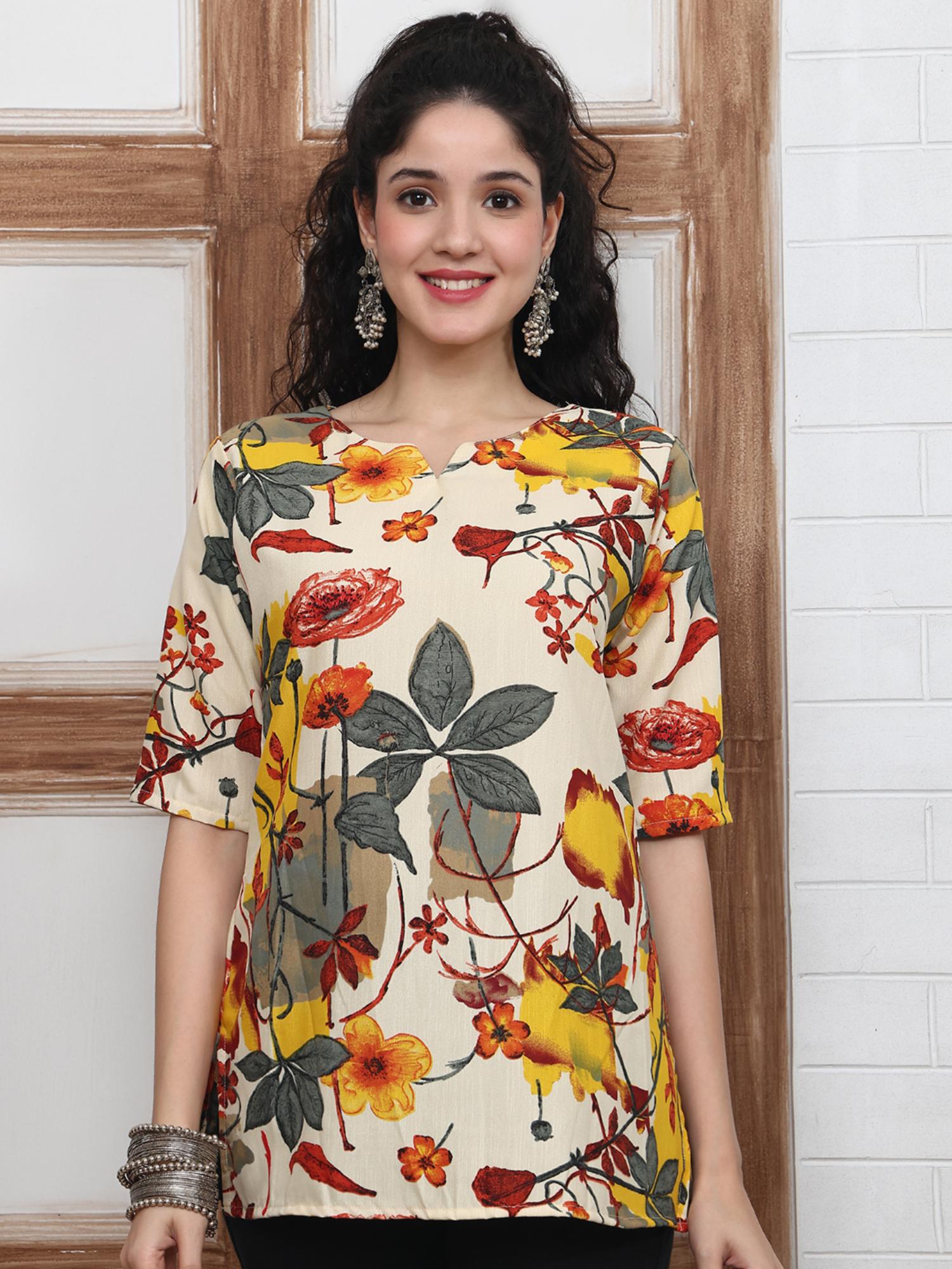 gahan Women Stylish Cotton Blend Printed Tunic - Cream-picture-12