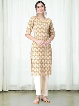 Gahan - Women Printed Regular Kurta with Pant - Beige