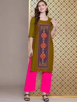 Gahan - Women Stylish Crepe Printed Straight Kurta - Olive