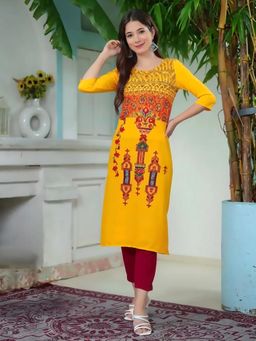 Gahan - Women Stylish Crepe Printed Straight Kurta - Yellow