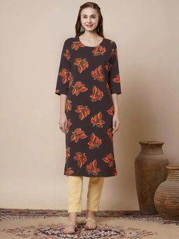 Gahan - Women Stylish Crepe Printed Straight Kurta - Brown