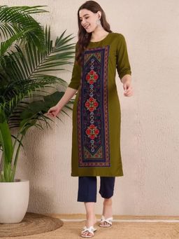 Gahan - Women Stylish Crepe Printed Straight Kurta - Olive
