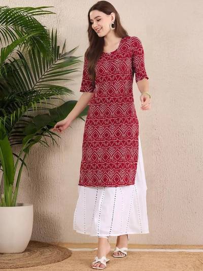 Women Stylish Crepe Printed Straight Kurta - Maroon
