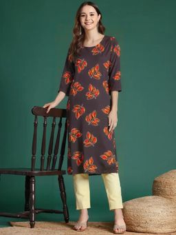 Gahan - Women Stylish Crepe Printed Straight Kurta - Brown