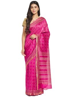 Fabindia - Magenta Hand Block Print Cotton Silk Sari