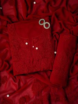 ADA - Hand Embroidered Lucknowi Chikankari Red Georgette Unstiched Dress Material