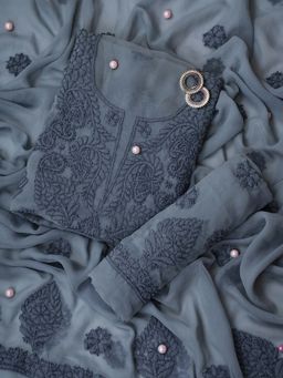 ADA - Hand Embroidered Lucknowi Chikankari Grey Georgette Unstiched Dress Material