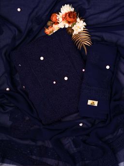 ADA - Hand Embroidered Navy Blue Georgette Lucknowi Chikankari Dress Material - A211284 (Set of 3)