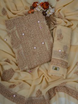 ADA - Hand Embroidered Fawn Georgette Lucknowi Chikankari Dress Material - A211286 (Set of 3)