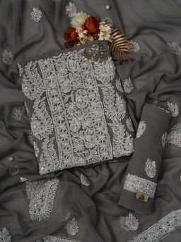 ADA - Hand Embroidered Fossil Grey Georgette Lucknowi Chikankari Dress Material - A211292 (Set of 3)