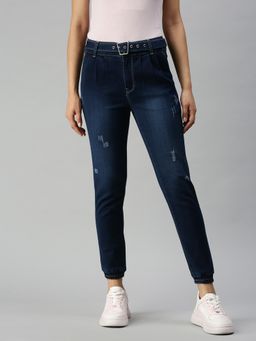 SHOWOFF - Women Low Distress Navy Blue Jogger Denim Jeans