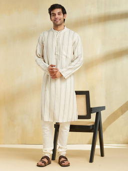 Fabindia - Beige Cotton Blend Dobby Long Kurta