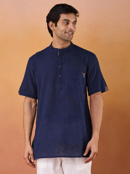 Fabindia - Navy Blue Cotton Dobby Short Kurta