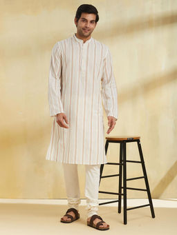 Fabindia - Beige Cotton Slim Fit Dobby Long Kurta