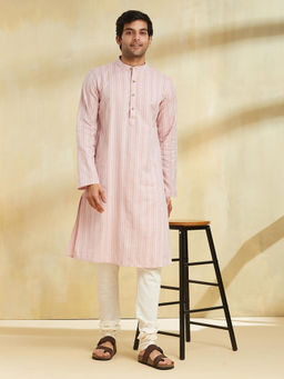 Fabindia - Pink Cotton Slim Fit Striped Long Kurta