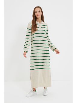 Trendyol - Beige Normal Fit Stripes Collar Neck Maxi Dress