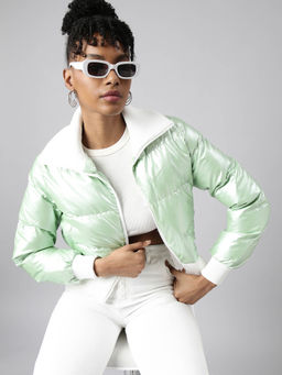 SHOWOFF - Womens Solid Spread Collar Green Puffer Jacket
