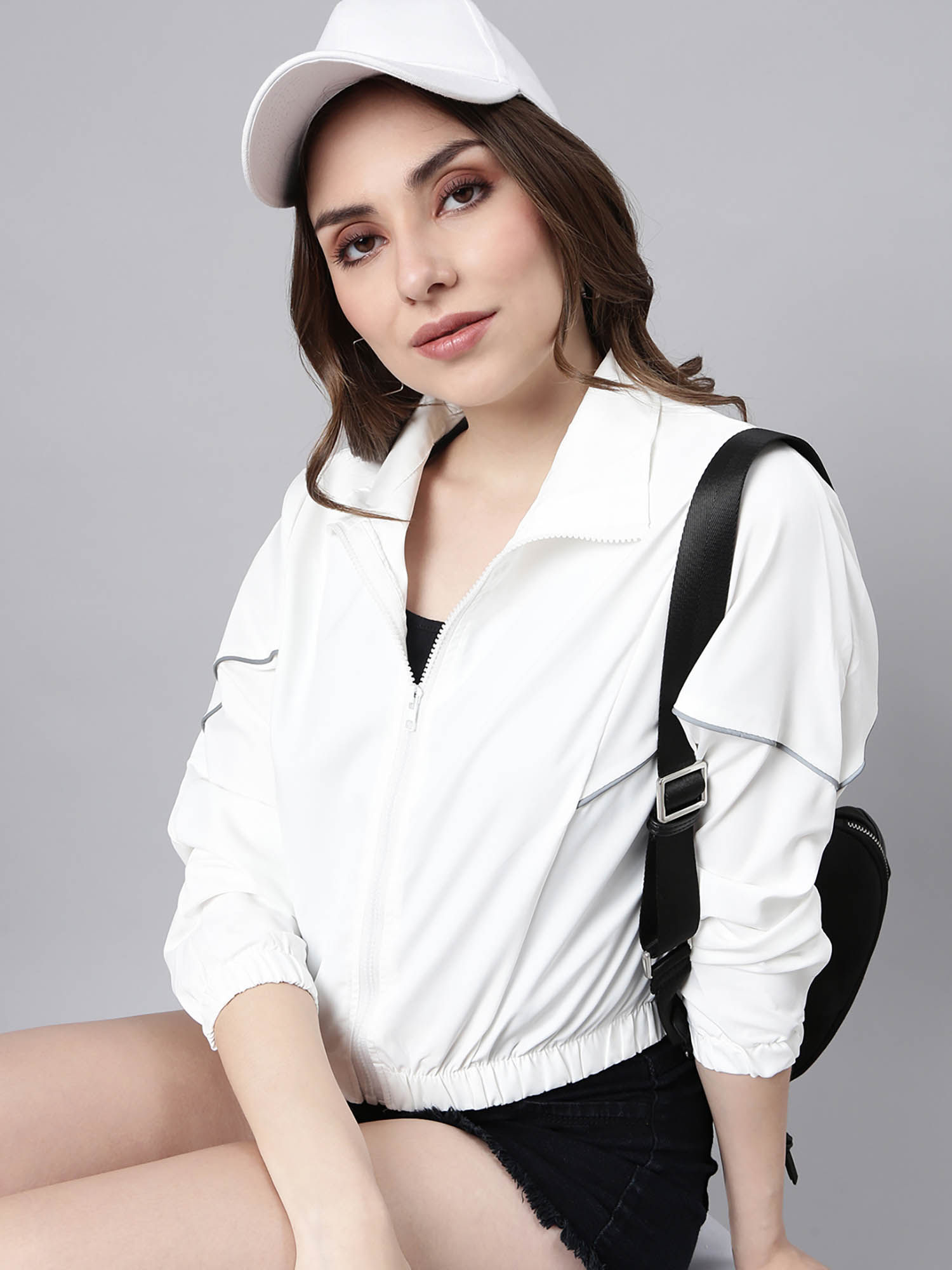 showoffff Womens Solid White Crop Bomber Jacket-picture-15