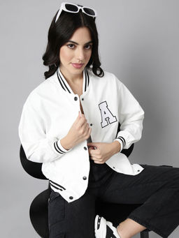 SHOWOFF - Womens Solid White Oversized Drop Shoulder Varsity Jacket
