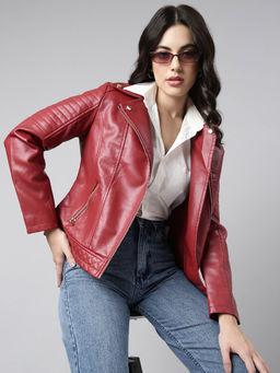 SHOWOFF - Womens Solid Lapel Collar Red Biker Jacket
