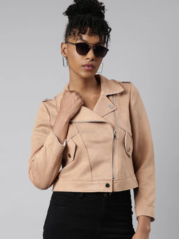 SHOWOFF - Womens Solid Lapel Collar Beige Biker Jacket