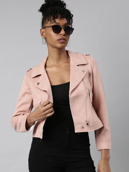 SHOWOFFFF - Womens Solid Lapel Collar Pink Biker Jacket